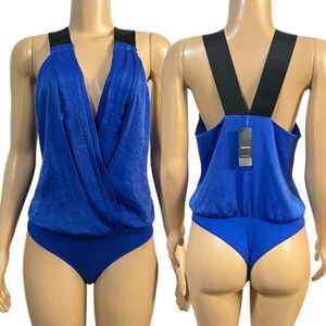 NWT Bebe Silky Satin Pleated Elastic back bodysuit Blue / black Large
